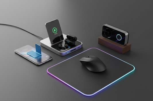NovaBridge top 5 tech gadgets for home workspace 2026 — dark luxury tech flat lay with RGB lighting
