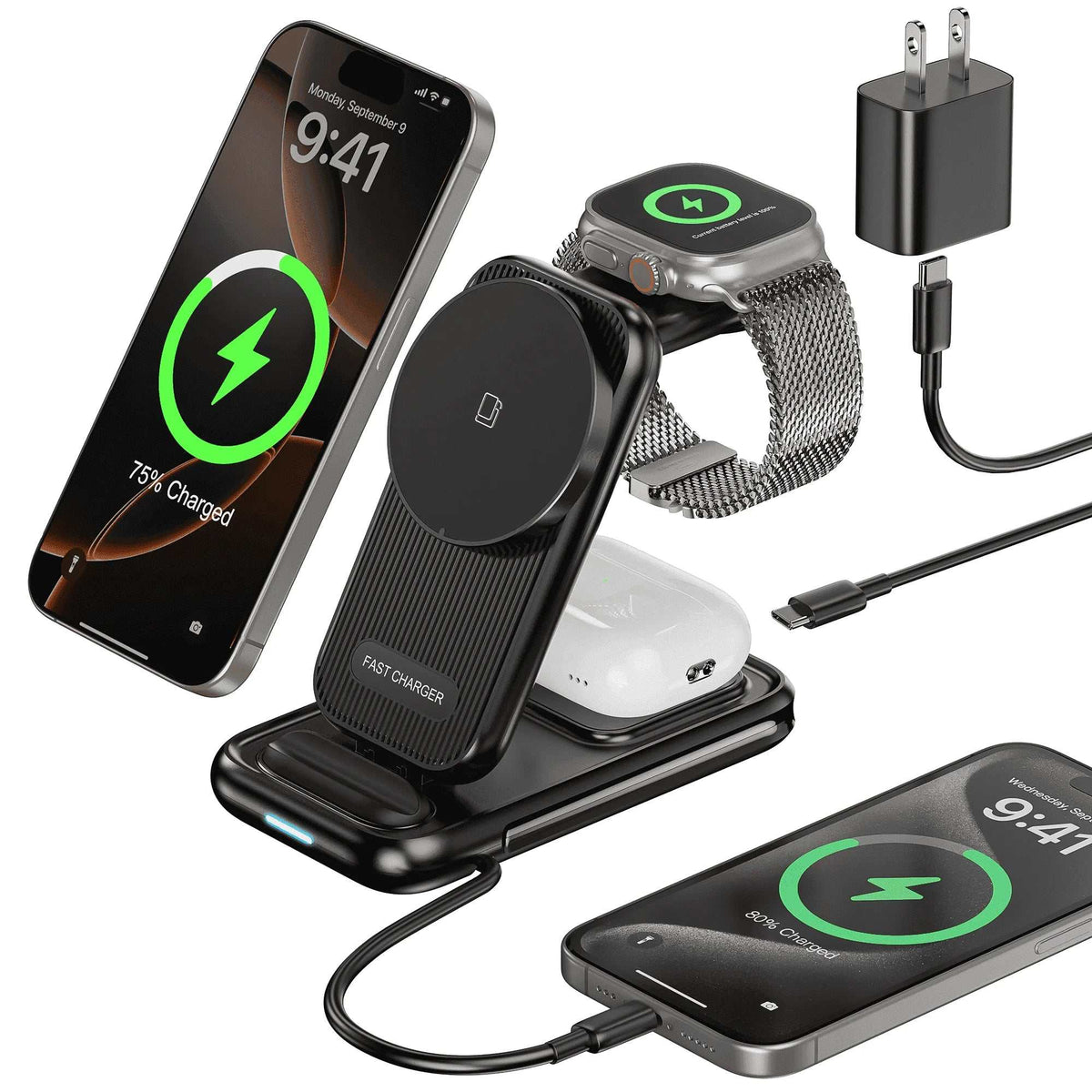 4-In-1 Wireless Charging Station for Iphone 16/15/14, Airpods, Apple Watch & Samsung Watch - Includes 30W Fast Charger (Black)