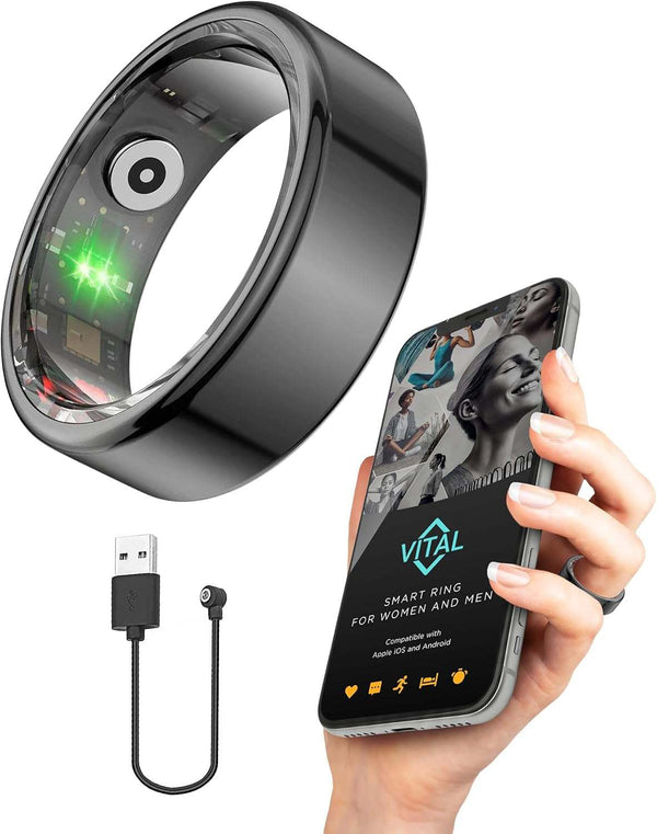Vital Health Smart Ring for Women Rings for Men with Fitness, Sleep Monitor, Heart Rate, Activity Tracking, App (Size 8), Black