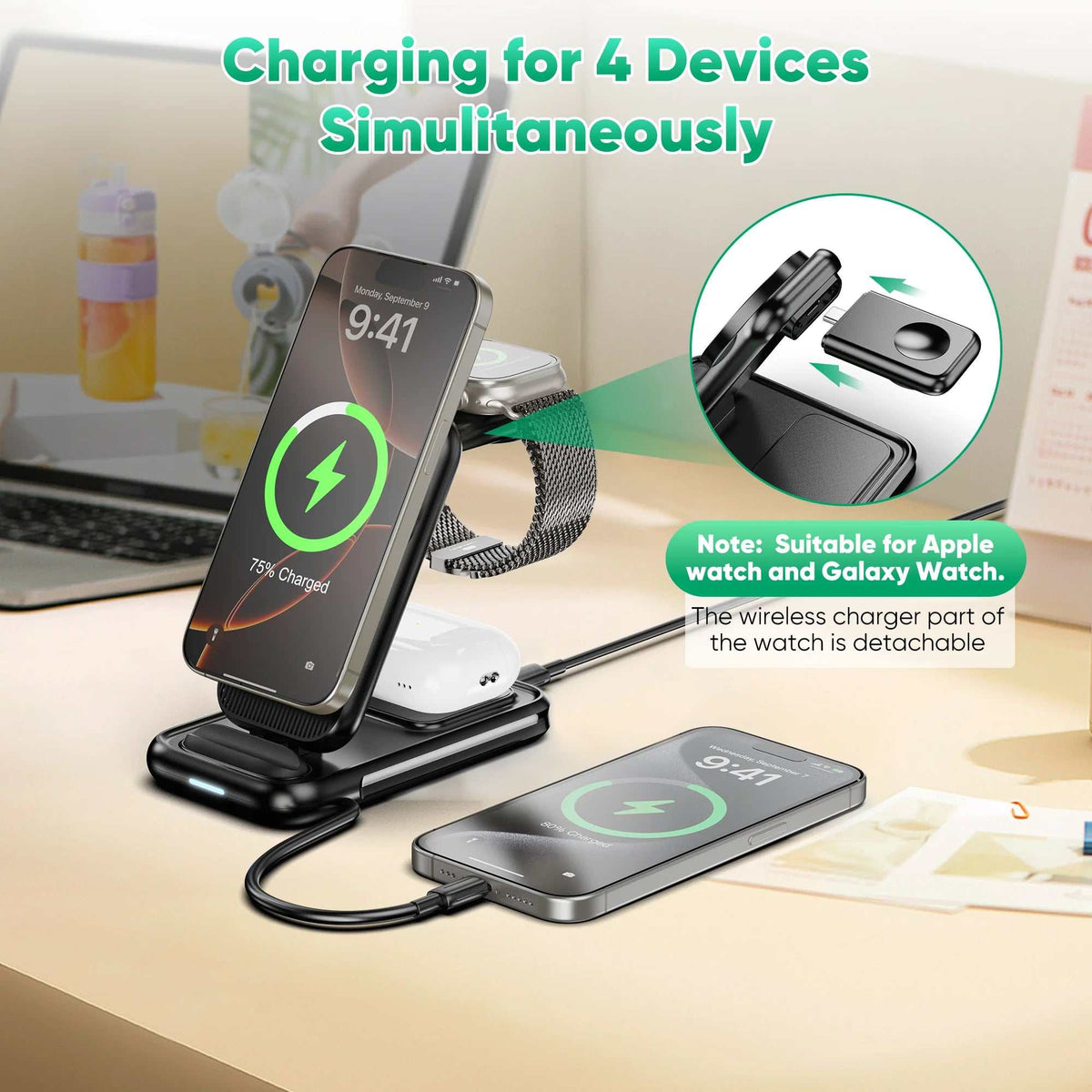 4-In-1 Wireless Charging Station for Iphone 16/15/14, Airpods, Apple Watch & Samsung Watch - Includes 30W Fast Charger (Black)