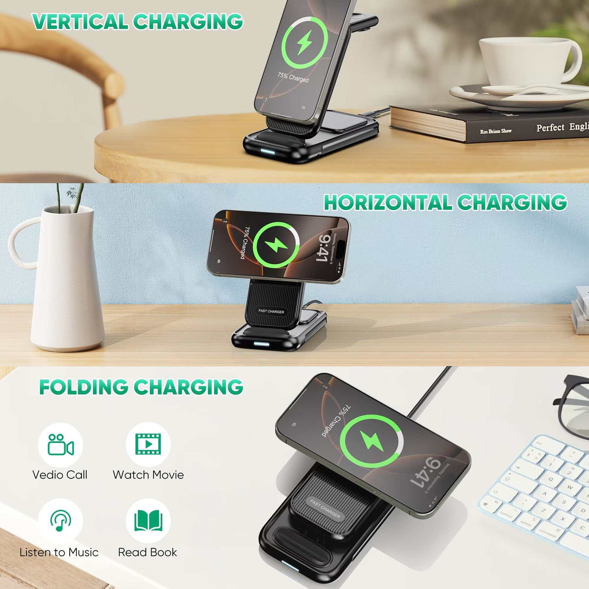 4-In-1 Wireless Charging Station for Iphone 16/15/14, Airpods, Apple Watch & Samsung Watch - Includes 30W Fast Charger (Black)