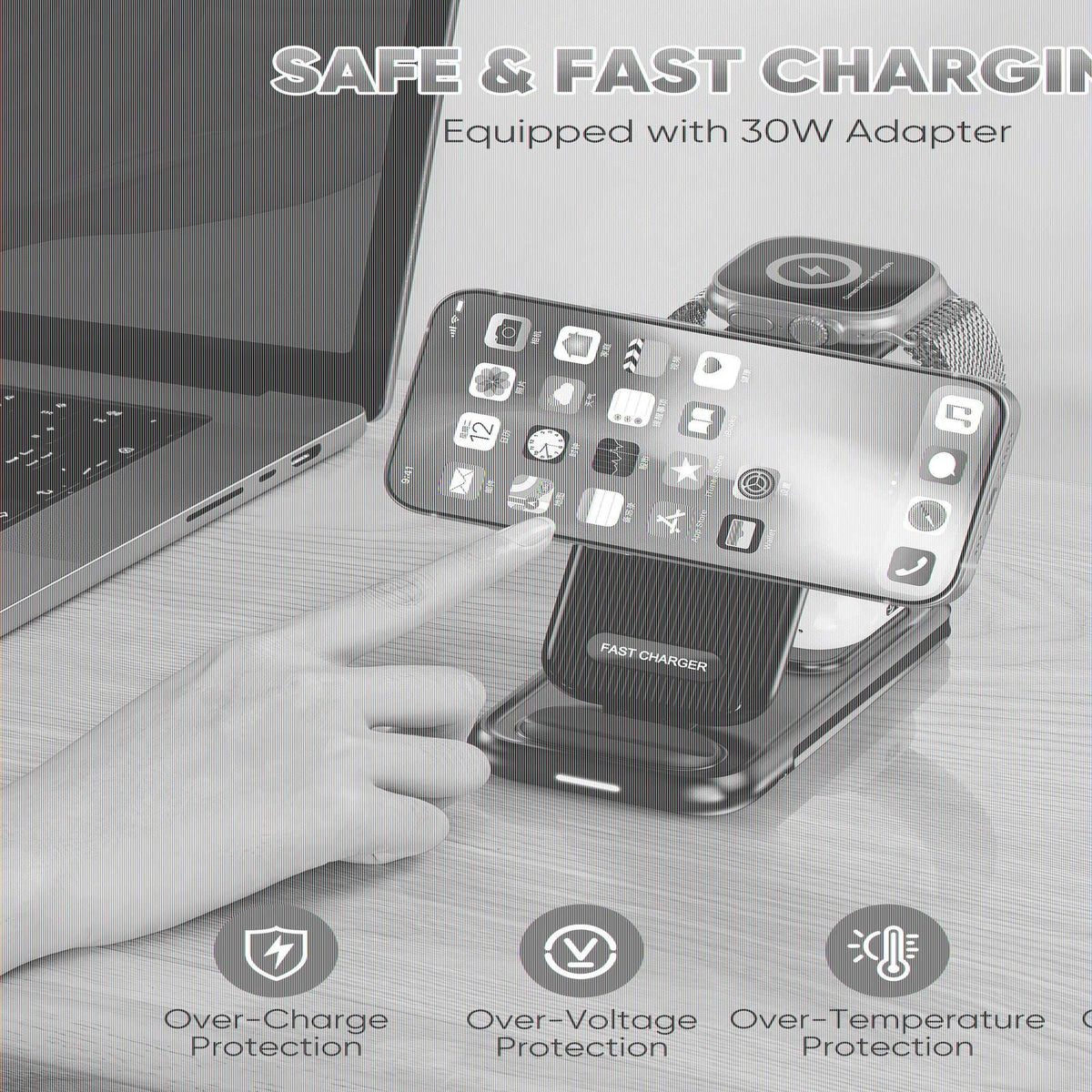 4-In-1 Wireless Charging Station for Iphone 16/15/14, Airpods, Apple Watch & Samsung Watch - Includes 30W Fast Charger (Black)