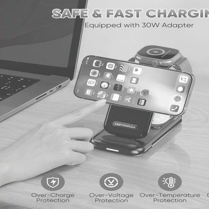 4-In-1 Wireless Charging Station for Iphone 16/15/14, Airpods, Apple Watch & Samsung Watch - Includes 30W Fast Charger (Black)