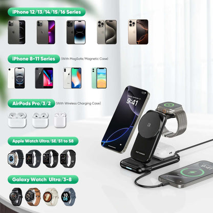 4-In-1 Wireless Charging Station for Iphone 16/15/14, Airpods, Apple Watch & Samsung Watch - Includes 30W Fast Charger (Black)