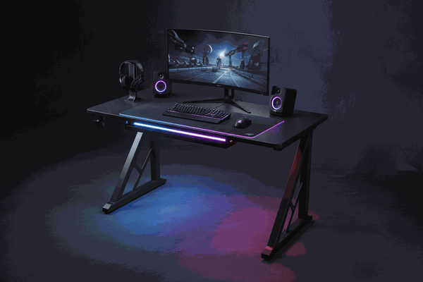 Black gaming desk with RGB LED lights and spacious desktop for home office and gaming setup